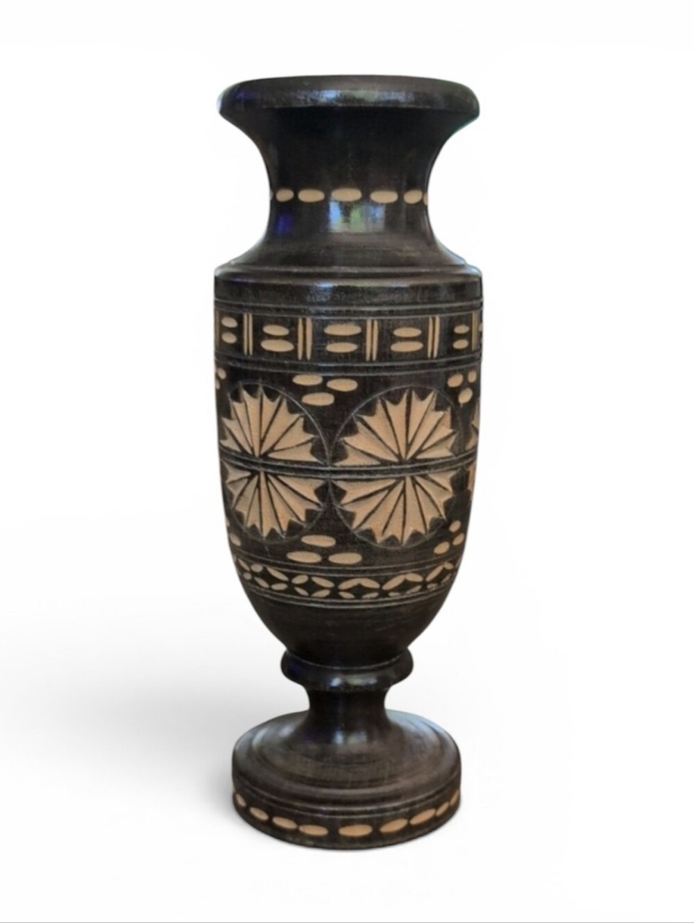 Vintage Hand Carved 8" Wooden Vase Geometric Boho Starburst Design